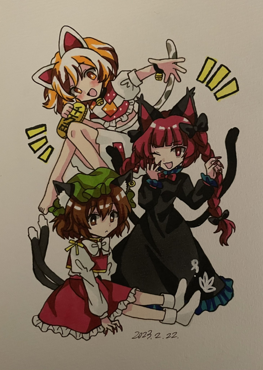 3girls ;d animal_ears bangs black_bow black_dress bow bowtie braid brown_eyes brown_hair cat_ears cat_tail chen closed_mouth coin commentary dated dress earrings fingernails full_body furiba_794 goutokuji_mike green_headwear hair_bow hat highres jewelry kaenbyou_rin long_fingernails long_hair long_sleeves looking_at_viewer maneki-neko mob_cap multicolored_hair multicolored_shirt multiple_girls multiple_tails nekomata one_eye_closed open_mouth orange_eyes orange_hair red_eyes red_nails redhead short_hair side_braids single_earring skirt smile streaked_hair tail touhou traditional_media twin_braids two_tails white_bow white_bowtie white_hair white_skirt