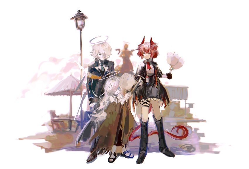 1boy 2girls absurdres arknights bird_tail black_footwear black_gloves black_jacket black_skirt blonde_hair blue_necktie boots brown_jacket cecelia_(arknights) chair cotton_candy enforcer_(arknights) feather_hair fiammetta_(arknights) fingerless_gloves food gloves hair_over_one_eye halo highres holding holding_food jacket lamppost long_hair long_sleeves multiple_girls necktie one_eye_covered open_clothes open_jacket own_hands_together parasol red_necktie redhead sandals shirt short_hair simple_background skirt table tail umbrella white_background white_hair white_shirt yoyoseafish