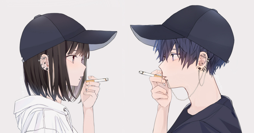 1boy 1girl bangs barbell_piercing baseball_cap black_eyes black_hair black_headwear black_jacket blue_eyes blue_hair bob_cut casual chain cigarette commentary_request couple dark_blue_hair drawstring ear_piercing earrings fingernails from_side hat highres holding holding_cigarette hood hood_down hoodie jacket jewelry looking_at_another male_focus matching_outfit open_clothes open_jacket original parted_lips piercing profile shirt short_hair simple_background smoking stud_earrings t-shirt upper_body white_hoodie yuyu