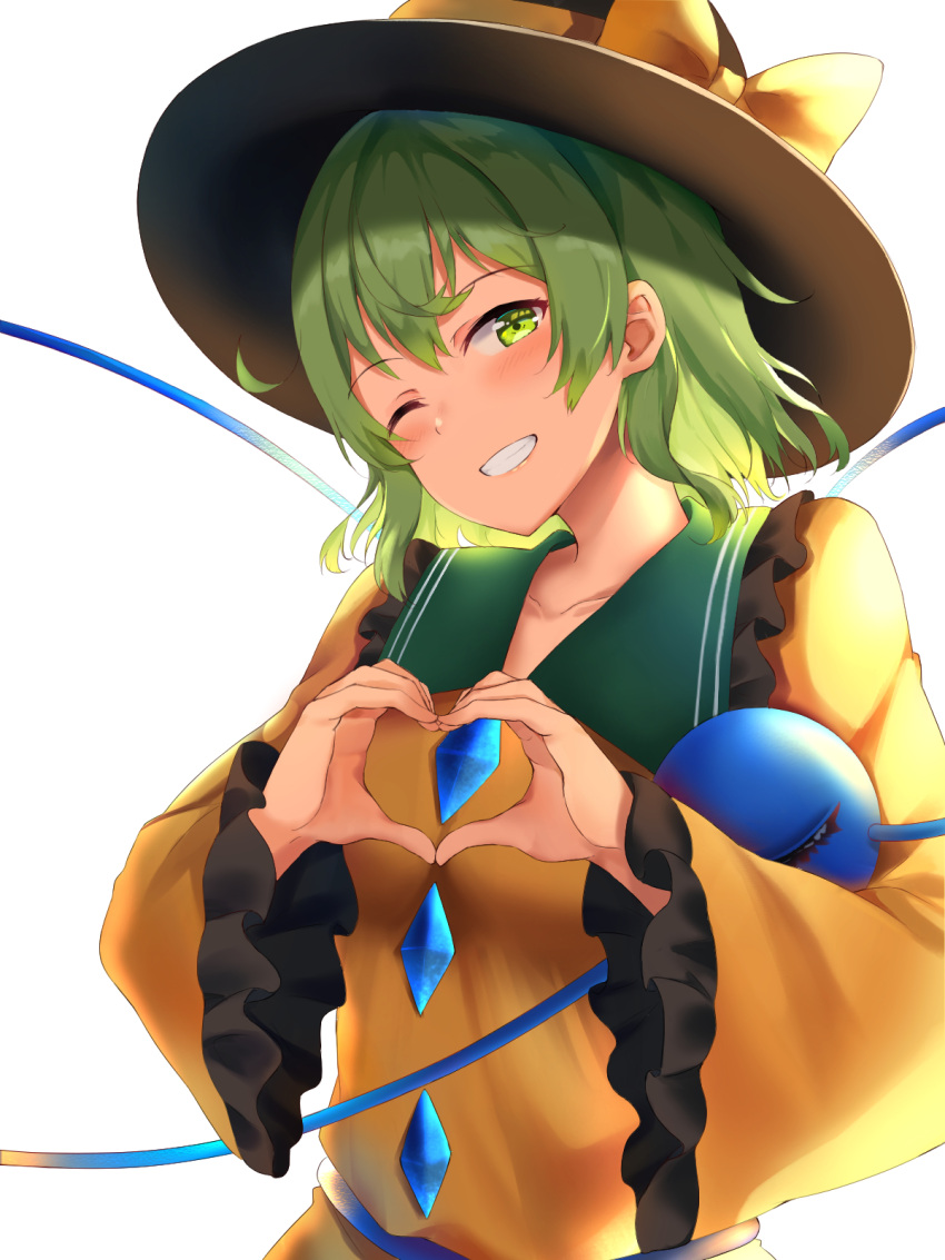 backlighting bangs black_headwear blush bow breasts buttons collar commentary_request diamond_button frilled_collar frilled_sleeves frills green_eyes green_hair green_sailor_collar grin hair_between_eyes happy hat hat_bow head_tilt heart heart_hands heart_of_string highres koishi_day komeiji_koishi long_sleeves looking_at_viewer medium_hair moe_moe_kyun! nagomian one_eye_closed sailor_collar shirt sidelocks simple_background small_breasts smile third_eye touhou upper_body wavy_hair white_background yellow_bow yellow_shirt