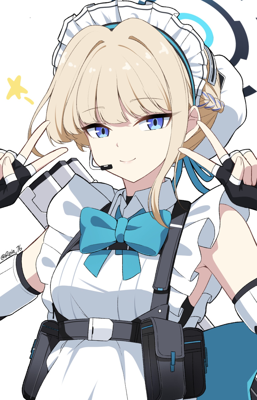 1girl apron armpits bangs black_gloves blonde_hair blue_archive blue_bow blue_bowtie blue_eyes blue_ribbon bow bowtie braid breasts bun_cover chest_harness closed_mouth commentary commentary_request double_v earpiece elbow_gloves fingerless_gloves french_braid frills gloves hair_bun hair_intakes halo harness highres leotard leotard_under_clothes long_hair looking_at_viewer maid_headdress medium_breasts pouch reia_76 ribbon sidelocks simple_background single_hair_bun sleeveless sleeveless_turtleneck_leotard smile solo sparkle symbol-only_commentary toki_(blue_archive) upper_body v variations white_apron white_background