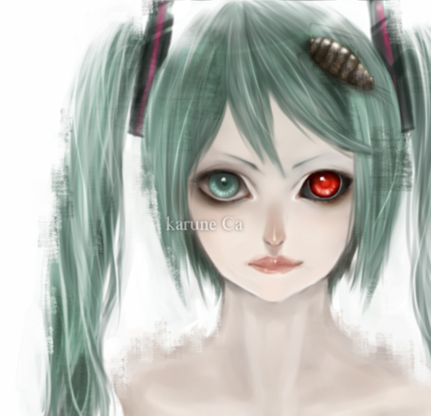 1girl absurdres aqua_eyes aqua_hair blue_eyes bug calne_ca character_name closed_mouth cockroach cosplay hatsune_miku hatsune_miku_(cosplay) heterochromia highres lips long_hair looking_at_viewer nato-kun red_eyes simple_background smile solo ts19fi upper_body very_long_hair vocaloid white_background