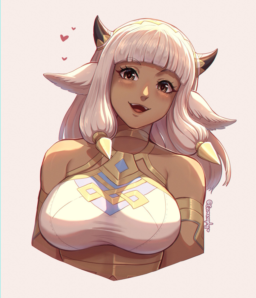 1girl animal_ears armlet ash_(fire_emblem) bangs black_horns blunt_bangs blush breasts brown_eyes commentary cow_ears cow_girl cow_horns cropped_torso dark-skinned_female dark_skin english_commentary evomanaphy fire_emblem fire_emblem_heroes hair_ornament highres horns large_breasts looking_at_viewer open_mouth simple_background smile solo teeth twitter_username upper_teeth_only white_hair