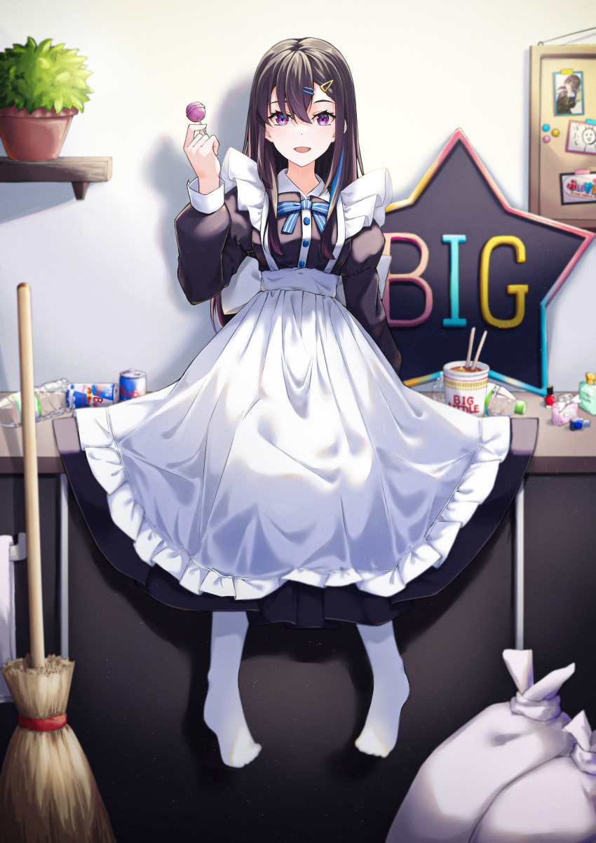 1girl absurdres alternate_costume apron bangs black_dress black_hair blue_bow bow broom can candy chopsticks dress energy_drink enmaided food frilled_apron frills hair_between_eyes hair_ornament hairclip highres ichinose_uruha instant_ramen lollipop long_hair long_sleeves looking_at_viewer maid maid_apron pantyhose photo_(object) plant plastic_bottle potted_plant puffy_long_sleeves puffy_sleeves red_bull ryo-taso sitting solo star_(symbol) trash_bag violet_eyes virtual_youtuber vspo! white_apron white_pantyhose