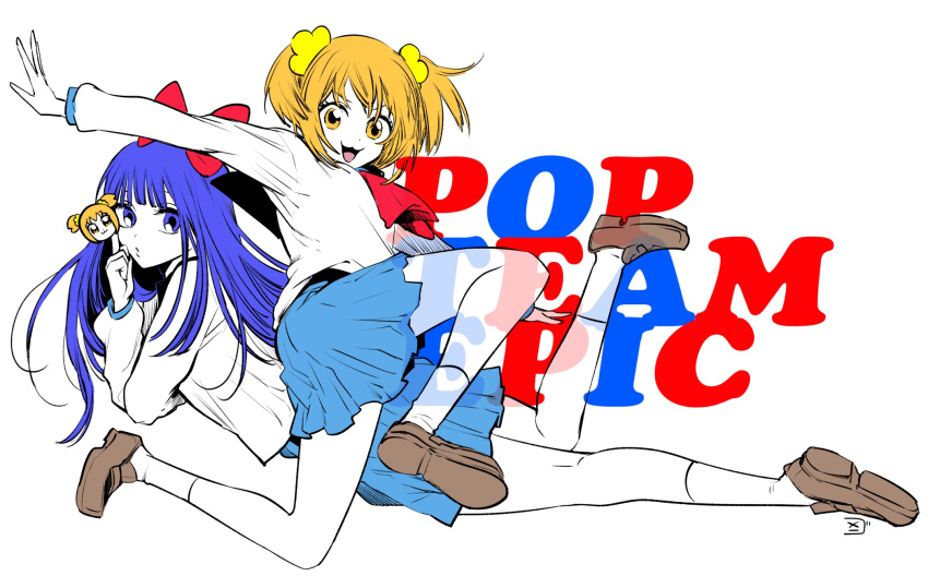 2girls :3 bangs blue_eyes blue_hair blue_sailor_collar blue_skirt bow brown_footwear commentary_request copyright_name dot_nose hair_bow hair_ornament hair_scrunchie highres long_hair multiple_girls neckerchief orange_eyes orange_hair pipimi poptepipic popuko red_bow red_neckerchief sailor_collar school_uniform scrunchie serafuku shirt shoes short_hair short_twintails sidelocks simple_background skirt socks transparent twintails two_side_up white_background white_shirt yellow_scrunchie yokoyari_mengo