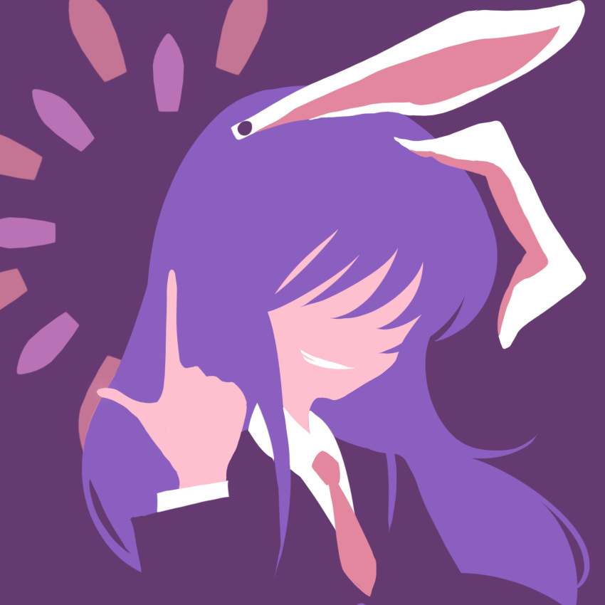1girl animal_ears bangs grin highres long_hair maskin_mei necktie pointing purple_background rabbit_ears red_necktie reisen_udongein_inaba silhouette simple_background smile solo touhou very_long_hair