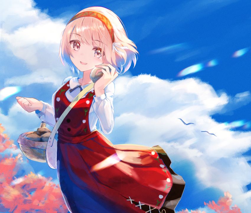 1girl :d blue_sky clouds cloudy_sky dress fire_emblem fire_emblem_engage food grey_hairband hairband kwz_ini lapis_(fire_emblem) long_sleeves pinafore_dress pink_eyes pink_hair potato red_dress red_hairband shirt short_hair sky smile solo sweet_potato two-tone_hairband white_shirt
