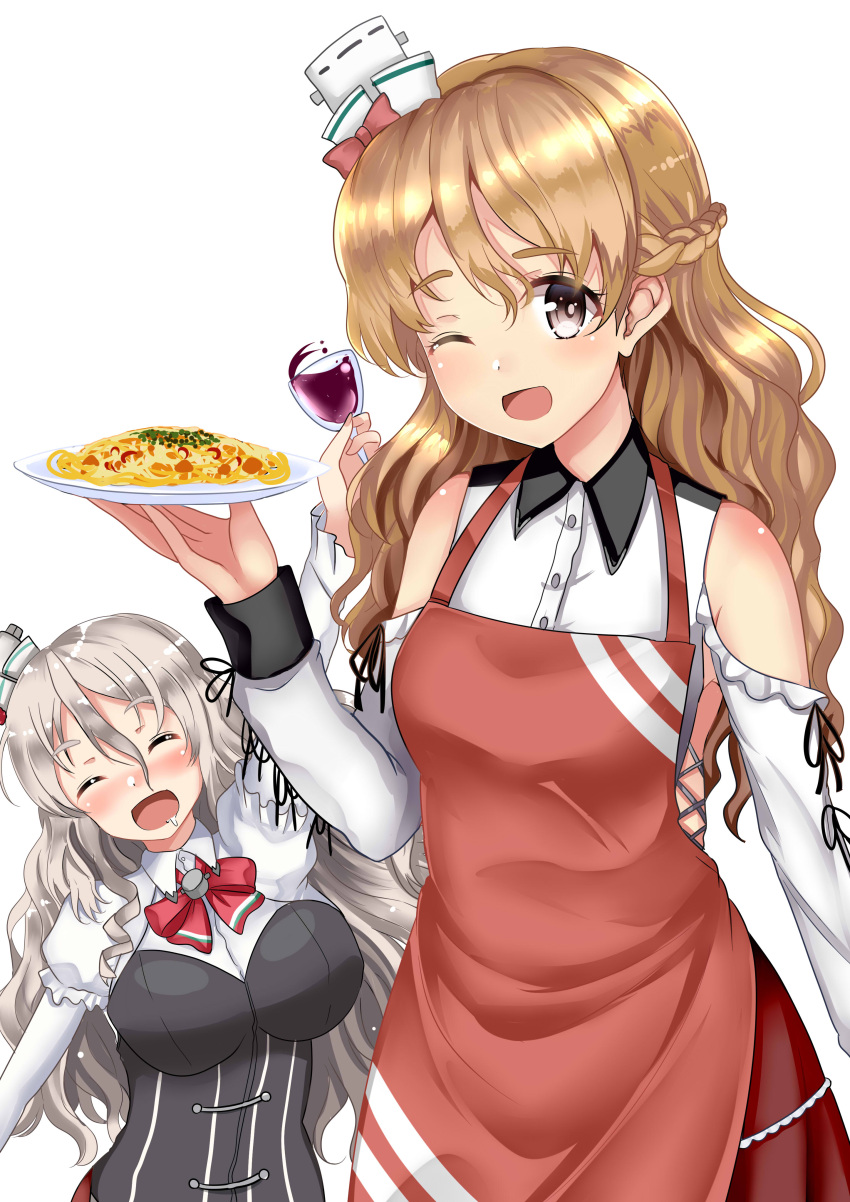 2girls ;d ^_^ absurdres apron bare_shoulders blonde_hair braid breasts brown_eyes closed_eyes cup drinking_glass drunk facing_viewer food french_braid grey_hair hair_between_eyes hat highres himura_moritaka holding holding_cup holding_plate kantai_collection large_breasts long_hair looking_at_viewer mini_hat multiple_girls one_eye_closed pasta plate pola_(kancolle) red_apron red_skirt saliva shirt simple_background skirt smile spaghetti wavy_hair white_background white_shirt wine_glass zara_(kancolle)