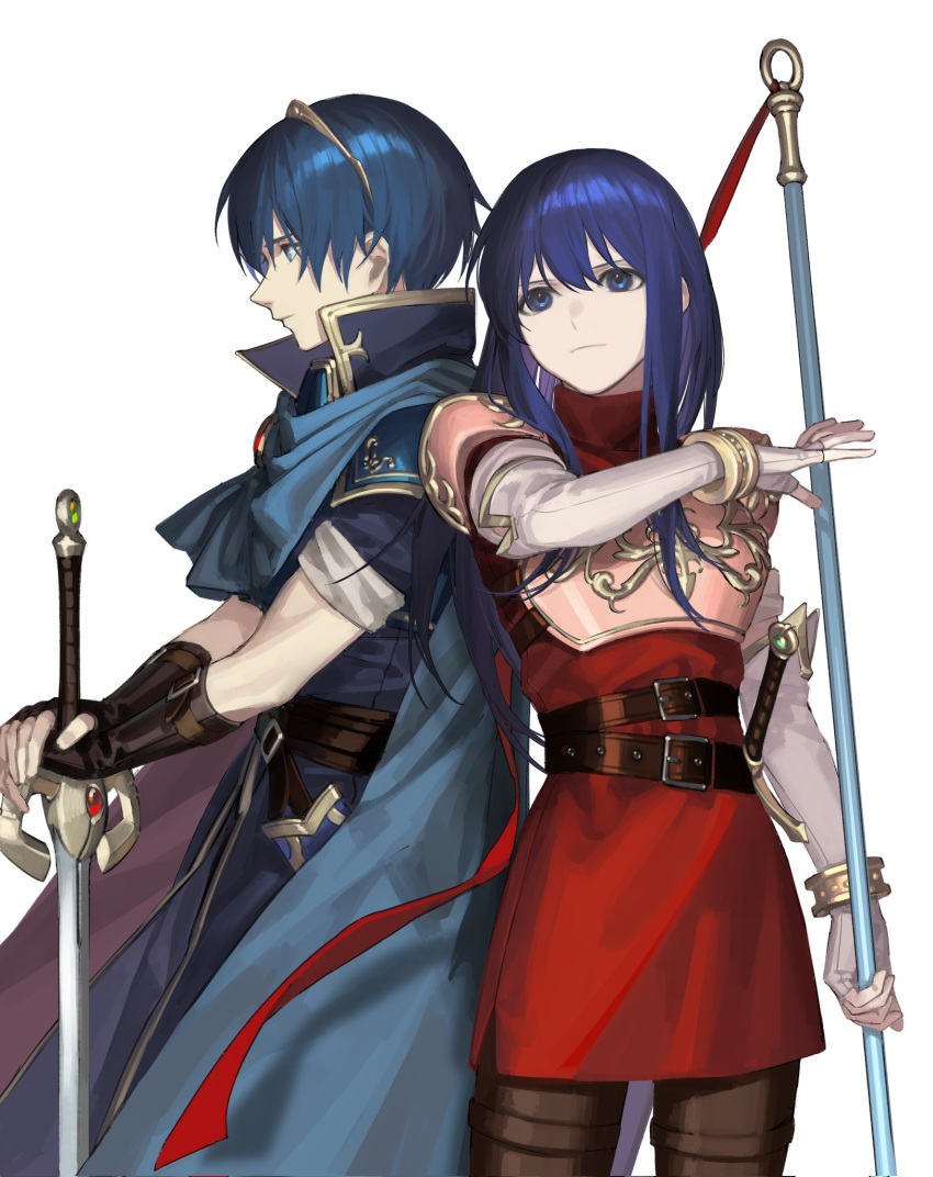 1boy 1girl armor belt blue_eyes blue_hair boots bracelet breastplate brown_gloves brown_thighhighs caeda_(fire_emblem) dress earrings elbow_gloves falchion_(fire_emblem) fingerless_gloves fire_emblem fire_emblem:_mystery_of_the_emblem gloves highres holding holding_polearm holding_weapon jewelry long_hair marth_(fire_emblem) mik_blamike pauldrons pegasus_knight_uniform_(fire_emblem) polearm red_dress short_dress short_sleeves shoulder_armor simple_background spear sword thigh-highs thigh_boots tiara weapon white_background white_gloves