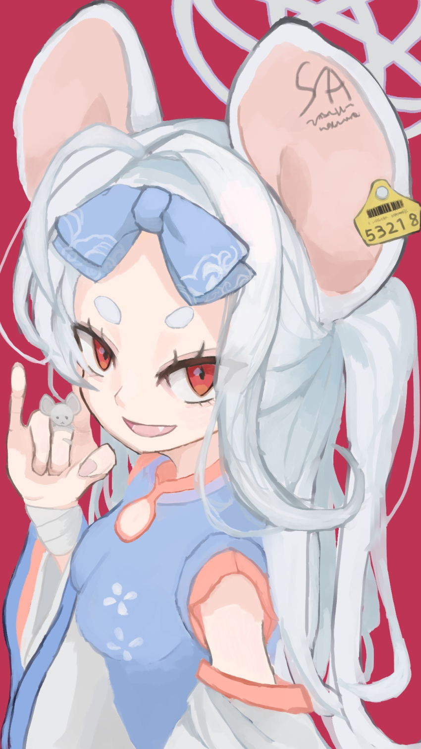 1girl animal_ears blue_archive blue_dress breasts china_dress chinese_clothes detached_sleeves dress ear_tag happy highres jewelry long_hair looking_at_viewer mouse_ears onionegi open_mouth red_background red_eyes ring saya_(blue_archive) simple_background