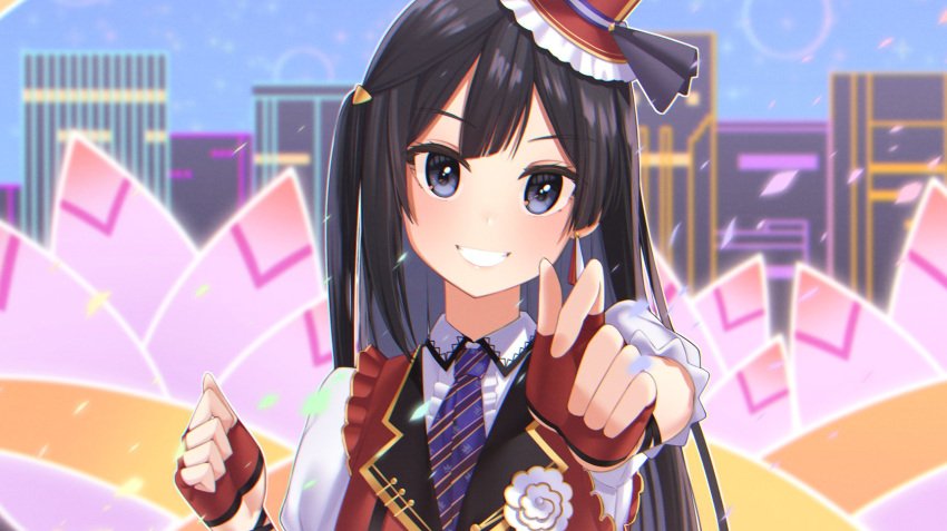 1girl bangs black_hair chase!_(love_live!) commentary earrings fingerless_gloves gloves grey_eyes grin hair_ornament hat highres jewelry kaku_zo_00 looking_at_viewer love_live! love_live!_nijigasaki_high_school_idol_club necktie one_side_up red_gloves sidelocks smile solo stage striped_necktie upper_body yuuki_setsuna_(love_live!)