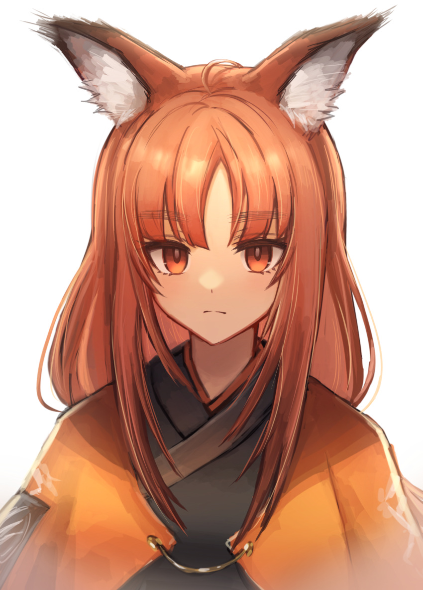 3_(sanyako1) animal_ear_fluff animal_ears arknights bangs black_kimono brown_hair closed_mouth expressionless highres japanese_clothes kimono long_hair looking_at_viewer open_clothes orange_eyes parted_bangs sciurus_browntail_(arknights) simple_background squirrel_ears upper_body white_background