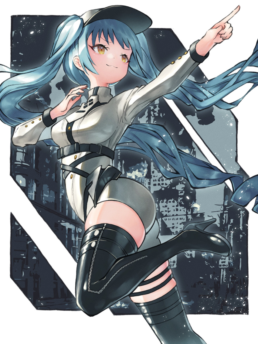 1girl :3 absurdres aqua_hair ass bangs black_footwear blue_hair boots breasts fal_si0n goddess_of_victory:_nikke hat high_heel_boots high_heels highres holster long_hair looking_to_the_side military military_hat military_uniform peaked_cap pointing privaty_(nikke) simple_background skindentation solo standing standing_on_one_leg thigh_boots twintails uniform very_long_hair white_headwear yellow_eyes