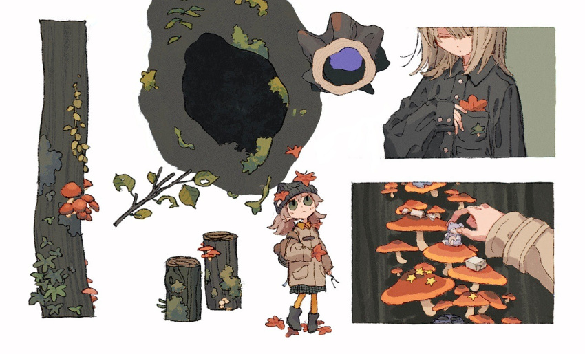 2girls :&lt; autumn autumn_leaves bangs beanie black_shirt boots border branch breast_pocket brown_coat brown_hair buttons closed_eyes closed_mouth coat collage collared_shirt facing_viewer figure green_eyes grey_footwear grey_headwear grey_skirt hat holding holding_branch holding_leaf holding_toy ka_(marukogedago) knit_hat leaf leaf_on_head long_sleeves looking_up medium_hair multiple_girls multiple_views mushroom orange_pantyhose original pantyhose plaid plaid_skirt pocket shirt skirt sleeves_past_wrists standing star_(symbol) toy tree twintails upper_body white_background white_border