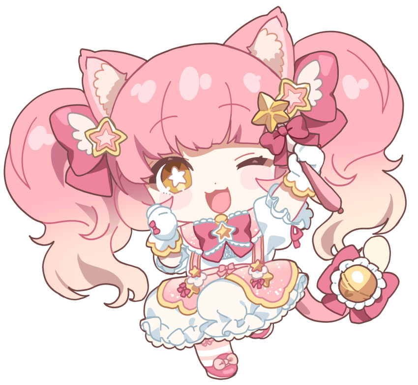 1other :3 :d ;3 ;d animal_ears bangs bell blunt_bangs blush_stickers bow bow_legwear bowtie brooch bubble_skirt cat_ears cat_other cat_tail chibi commission dot_nose footwear_bow gloves gradient_hair hair_bow hair_ornament hands_up highres holding holding_wand inocheese jewelry leg_up long_hair magical_star_(millie_(mahoustars)) multicolored_hair neck_bell one_eye_closed original other_focus overskirt pantyhose pink_bow pink_bowtie pink_footwear pink_hair pink_pantyhose pink_sailor_collar pink_skirt puffy_short_sleeves puffy_sleeves sailor_collar second-party_source shirt shoes short_sleeves sidelocks simple_background skeb_commission skirt smile solo star_(symbol) star_hair_ornament star_in_eye striped striped_pantyhose suspenders symbol_in_eye tail transparent_background twintails very_long_hair wand wavy_hair white_gloves white_shirt white_skirt wing_hair_ornament yellow_eyes