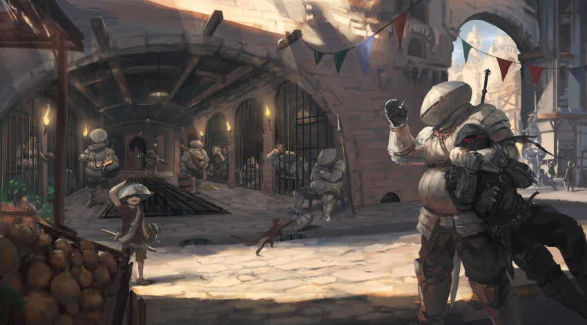 1girl 2boys 6+others absurdres armor building chef chef_hat child dark_souls_(series) dark_souls_i dark_souls_iii food glowing glowing_eyes hat highres iron_bars knight monkey monkey_tail multiple_boys multiple_others nolan192 onion prison prison_cell red_eyes sieglinde_of_catarina siegmeyer_of_catarina siegward_of_catarina tail torch vegetable