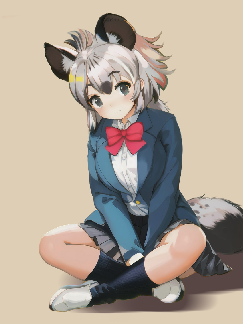 1girl alternate_costume black_socks blue_jacket blush bow bowtie brown_hair center_frills collared_shirt crossed_legs extra_ears frills grey_hair grey_skirt hands_on_lap highres hyena_ears hyena_girl hyena_tail ieinu_account jacket kemono_friends kemono_friends_3 long_sleeves looking_at_viewer multicolored_hair open_clothes open_jacket pleated_skirt red_bow red_bowtie school_uniform shirt short_hair skirt slippers smile socks solo spotted_hyena_(kemono_friends) white_footwear white_shirt