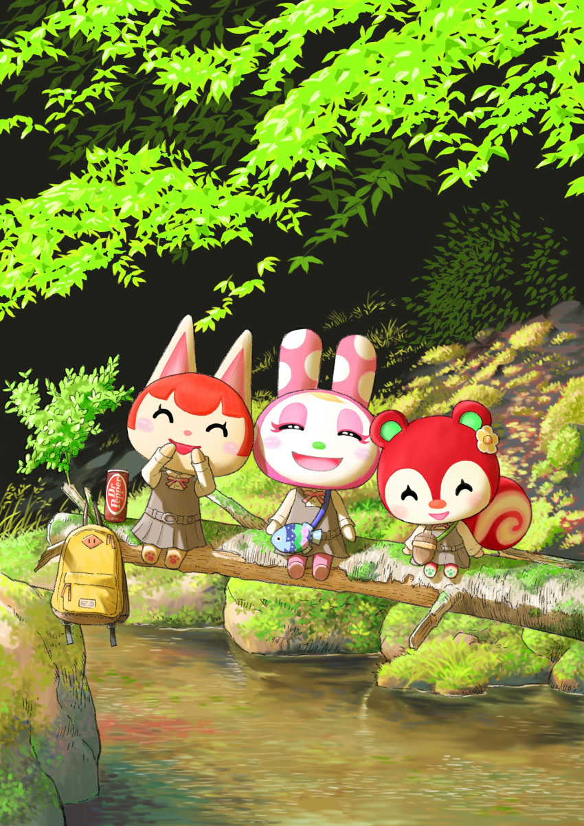3girls :d ^_^ absurdres acorn_bag animal_bag animal_crossing backpack bag blush blush_stickers bush can cat_girl chrissy_(animal_crossing) closed_eyes collared_shirt commentary_request day dr_pepper ear_ornament eyelashes felicity_(animal_crossing) flower forest furry furry_female grass grey_skirt grey_vest highres laughing log long_sleeves moss multiple_girls nature open_mouth outdoors plant pleated_skirt poppy_(animal_crossing) rabbit_girl rock school_uniform senrotou shirt shoulder_bag sitting sitting_on_log skirt smile soda_can squirrel_girl stream tree vest water white_flower white_shirt yellow_bag