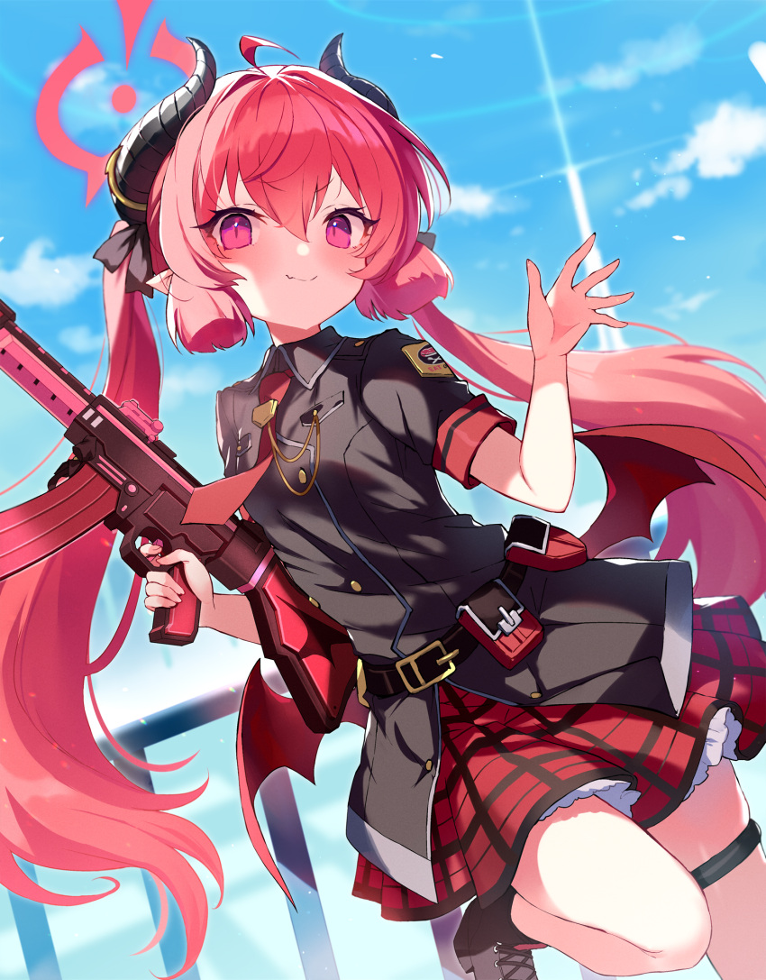 abusoru belt belt_bag blue_archive boots clouds commentary hair_between_eyes halo highres horns junko_(blue_archive) leg_up long_hair looking_at_viewer military military_uniform red_eyes redhead sky twintails uniform weapon wings