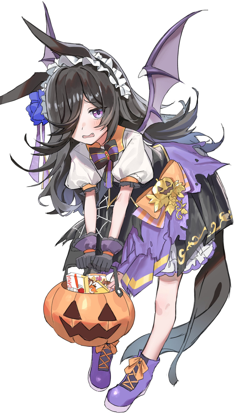 1girl absurdres animal_ears black_gloves black_hair blush boots bow bowtie bucket candy fang flower food frilled_hairband frills full_body gloves hair_flower hair_ornament hair_over_one_eye hairband halloween_bucket haruyuki_(gffewuoutgblubh) highres holding holding_bucket horse_ears horse_girl horse_tail layered_skirt leaning_forward long_hair looking_at_viewer open_mouth puffy_short_sleeves puffy_sleeves purple_footwear raised_eyebrows rice_shower_(make_up_vampire!)_(umamusume) rice_shower_(umamusume) shirt short_sleeves simple_background skirt solo standing tail umamusume violet_eyes white_background white_shirt wings