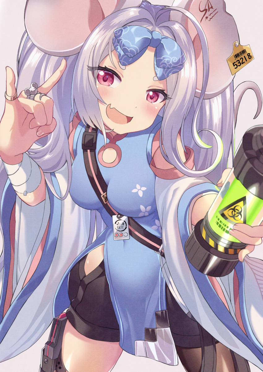 1girl absurdres animal_ears blue_archive blue_dress breasts china_dress chinese_clothes detached_sleeves dress ear_tag erufi_ut happy highres jewelry long_hair looking_at_viewer mouse_ears open_mouth red_eyes ring saya_(blue_archive) small_breasts test_tube very_long_hair
