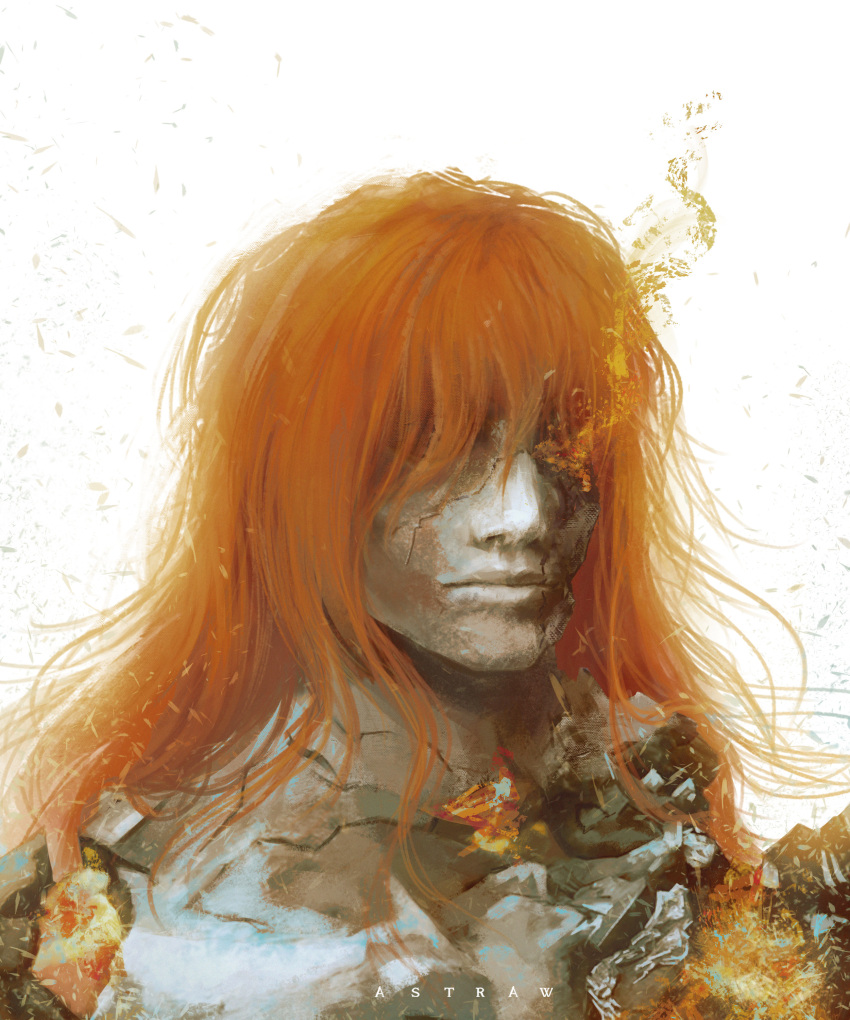 1boy absurdres artist_name astraw broken closed_mouth covered_eyes crack cracked_skin decay elden_ring highres long_hair looking_to_the_side out_of_frame portrait radagon_of_the_golden_order redhead solo white_background