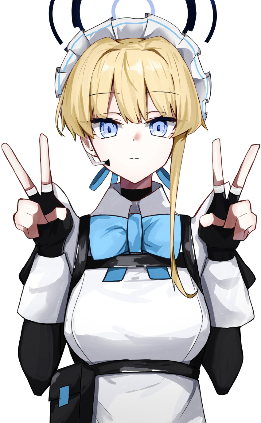 1girl absurdres black_dress blonde_hair blue_archive blue_bow blue_bowtie blue_eyes bow bowtie breasts closed_mouth commentary_request double_v dress expressionless fingerless_gloves gloves halo highres large_breasts looking_at_viewer maid_headdress microphone short_hair simple_background solo straight-on toki_(blue_archive) touko_(toko12_tooko) upper_body v white_background
