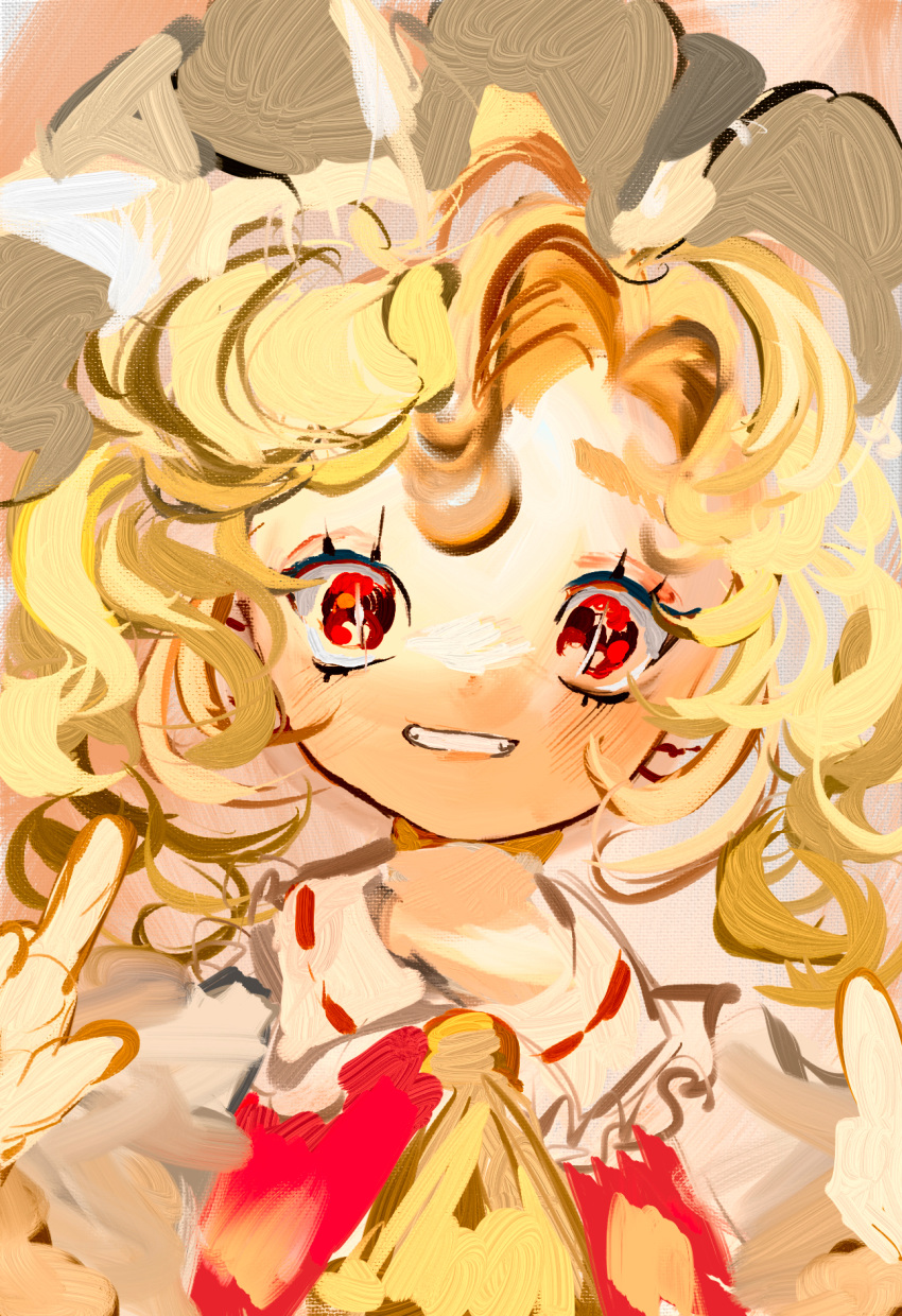 1girl ascot bangs blonde_hair blush bright_pupils close-up collared_shirt curly_hair eyelashes fangs flandre_scarlet frilled_shirt_collar frills grin hands_up hat highres inkopiko looking_at_viewer mob_cap painting_(medium) parted_bangs portrait puffy_short_sleeves puffy_sleeves red_eyes red_vest ribbon_trim shirt short_hair short_sleeves slit_pupils smile solo straight-on teeth touhou traditional_media vest white_headwear white_pupils white_shirt wing_collar yellow_ascot