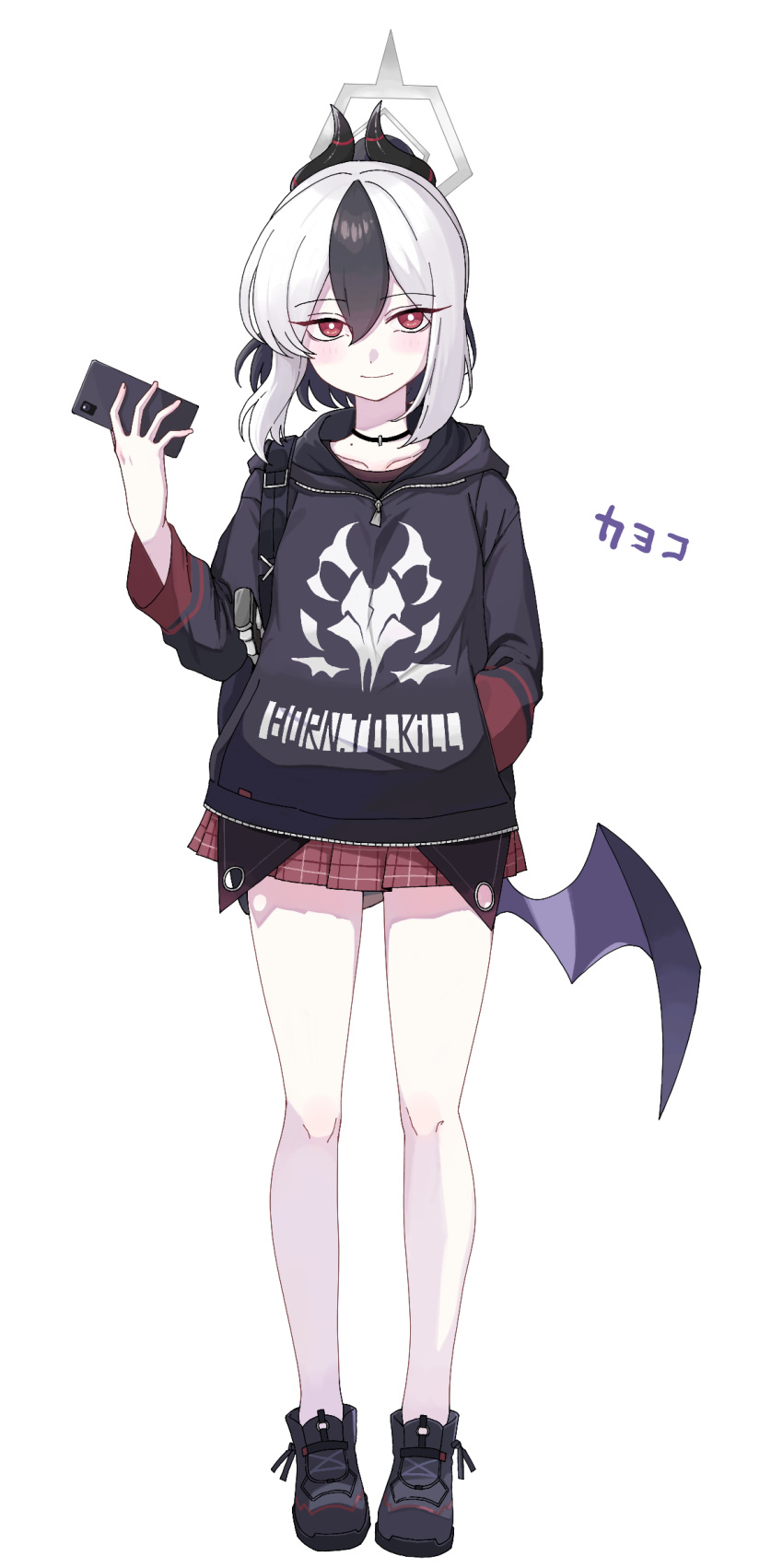 1girl black_footwear black_hair black_hoodie blue_archive blush bright_pupils cellphone checkered_clothes checkered_skirt collarbone demon_horns demon_wings full_body hair_between_eyes halo hand_in_pocket highres holding holding_phone hood hoodie horns jewelry kayoko_(blue_archive) looking_at_viewer mofujiro mole mole_on_collarbone multicolored_hair necklace phone pleated_skirt red_eyes red_skirt skirt smartphone smile solo two-tone_hair white_hair white_pupils wings