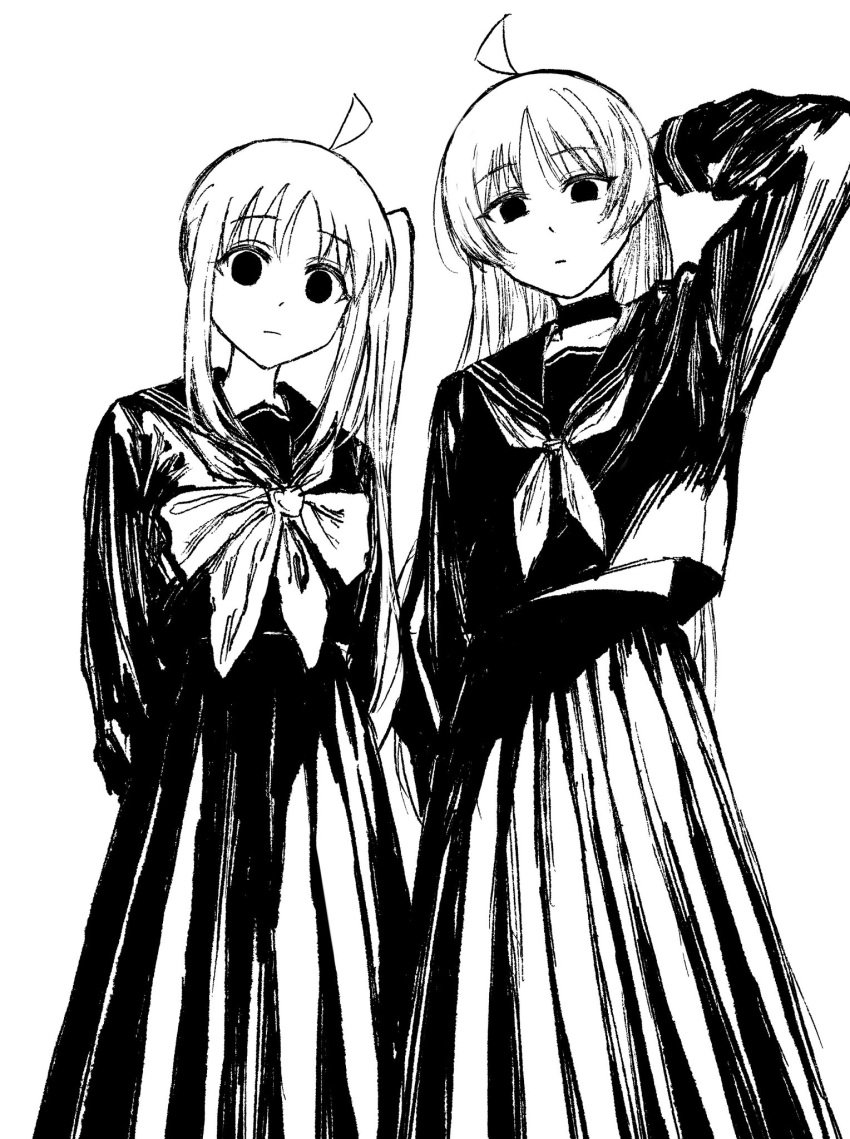 2girls ahoge arm_behind_head arm_up arms_behind_back bangs bocchi_the_rock! bow bowtie choker closed_mouth commentary empty_eyes expressionless feet_out_of_frame greyscale highres ijichi_nijika ijichi_seika long_hair long_skirt long_sleeves looking_at_viewer looking_down midriff_peek monochrome multiple_girls neckerchief parted_bangs pleated_skirt raberu_ruru sailor_collar school_uniform serafuku siblings side_ponytail sidelocks simple_background sisters skirt solid_eyes