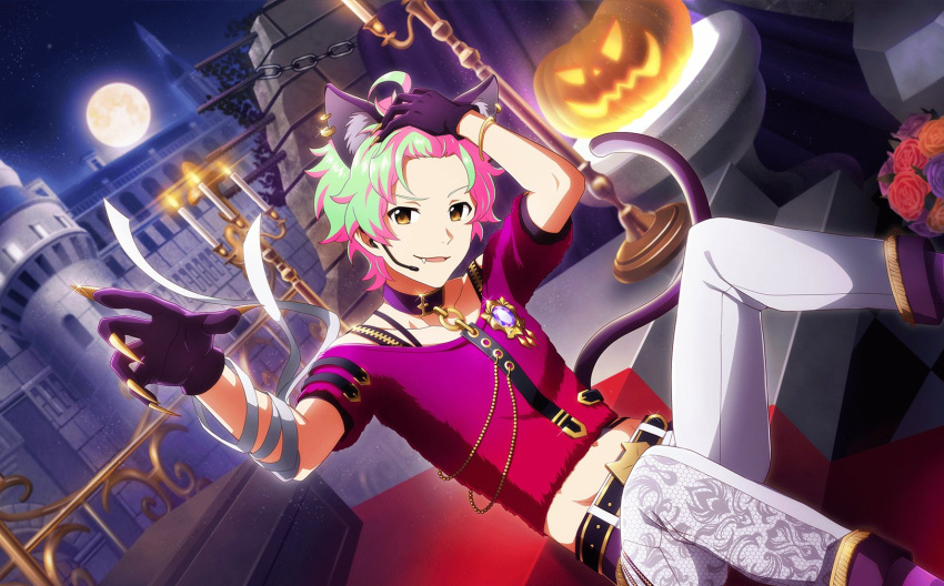 1boy ahoge belt brown_eyes castle cat_boy cat_tail fang full_moon gloves green_hair hand_in_own_hair headset highres idolmaster idolmaster_side-m idolmaster_side-m_live_on_stage! male_focus moon nekoyanagi_kirio night night_sky official_alternate_costume official_art open_mouth pink_hair pumpkin short_sleeves sitting sitting_on_stairs sky stairs tail