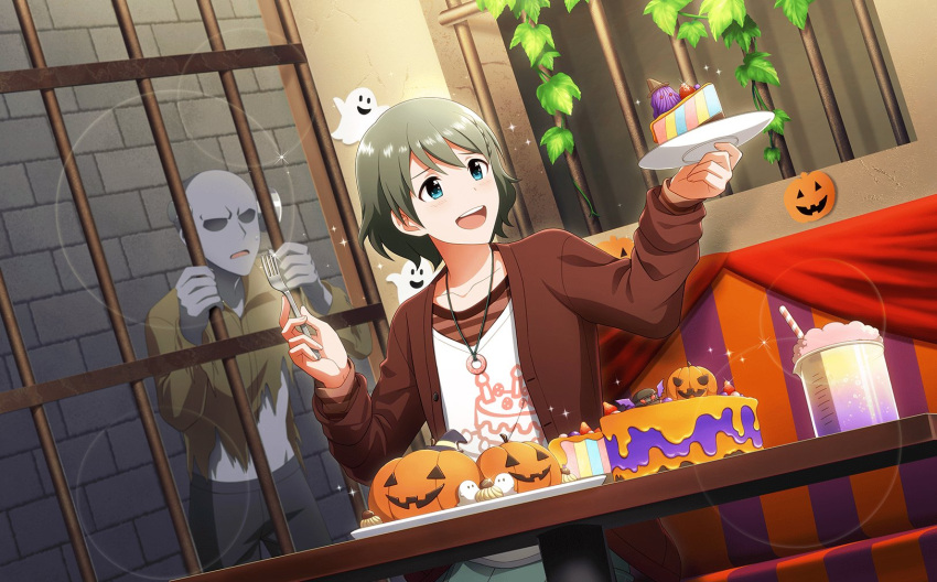 2boys bars blue_eyes braid cake cake_print cup drink drinking_straw fingernails food fork ghost_print highres holding holding_fork holding_plate idolmaster idolmaster_side-m idolmaster_side-m_live_on_stage! long_sleeves male_focus multiple_boys non-web_source official_art open_mouth plate pumpkin pumpkin_print shirt smile teeth upper_teeth_only uzuki_makio white_shirt zombie