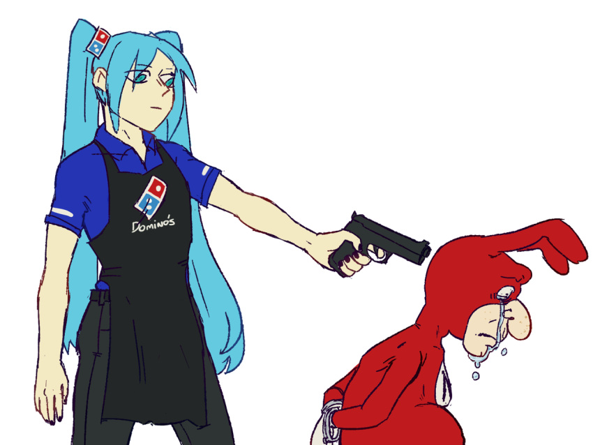 1boy 1girl animal_ears apron aqua_eyes aqua_hair black_apron black_pants blue_shirt bodysuit collared_shirt commentary crying crying_with_eyes_open cuffs domino's_pizza employee_uniform english_commentary execution fake_animal_ears fentanyan frown gun hair_ornament handcuffs handgun hatsune_miku holding holding_weapon imminent_death logo logo_hair_ornament long_hair pants rabbit_ears red_bodysuit serious shirt sidelocks sketch t-shirt tears the_noid uniform vocaloid weapon white_background wing_collar