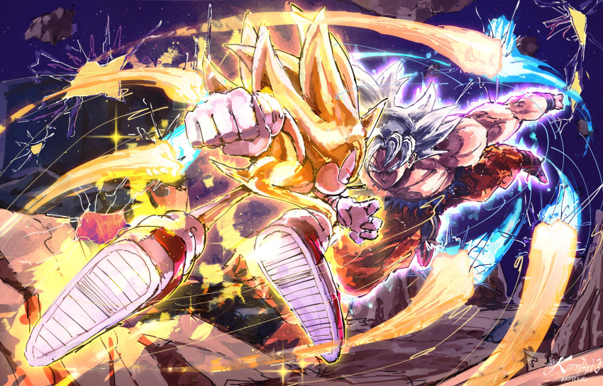 2boys animal_ears animal_nose aura battle battle_damage closed_mouth dougi dragon_ball dragon_ball_(classic) dragon_ball_super dragon_ball_z fighting furry furry_male gloves grey_eyes grey_hair hedgehog hedgehog_ears hedgehog_tail highres kornart multiple_boys muscular muscular_male red_eyes red_footwear saiyan serious shoes short_hair son_goku spiky_hair super_sonic tail topless_male torn_clothes ultra_instinct white_gloves white_hair wristband yellow_fur