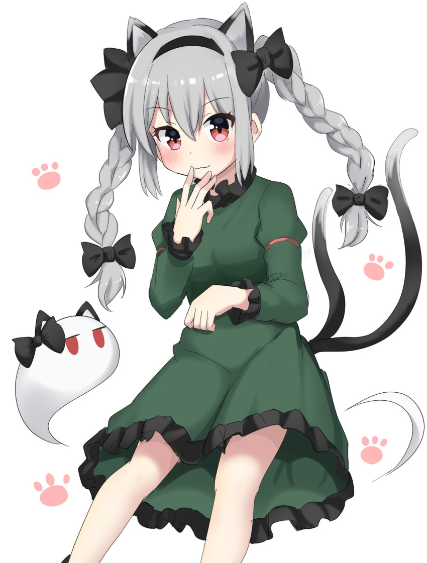 1girl :3 animal_ears bangs black_bow bow braid cat_ear_hairband cat_ears cat_tail closed_mouth cosplay dress feet_out_of_frame ghost green_dress hair_bow highres kaenbyou_rin kaenbyou_rin_(cosplay) konpaku_youmu konpaku_youmu_(ghost) long_hair long_sleeves looking_at_viewer multiple_tails paw_print paw_print_background red_eyes side_braids smile solo tail touhou twin_braids two_tails white_background youmu-kun