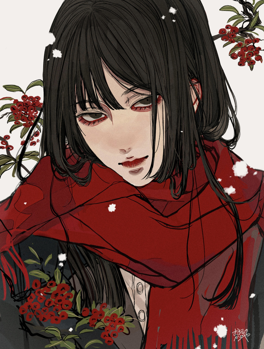 1girl bangs black_hair branch closed_mouth enpera food fruit highres kagoya1219 leaf long_hair looking_at_viewer original red_scarf scarf signature simple_background solo upper_body white_background