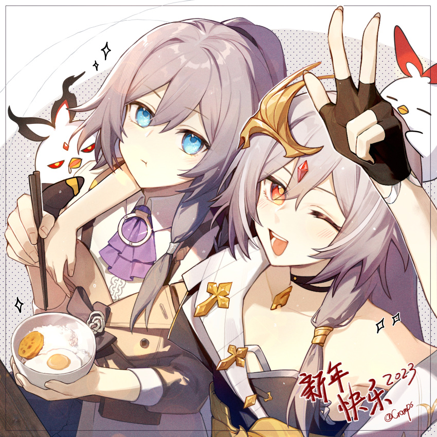 2girls :t ;d bangs black_gloves black_hair blue_eyes bowl brown_jacket chinese_clothes chopsticks closed_mouth collared_shirt detective dual_persona eating egg fingerless_gloves fu_hua fu_hua_(herrscher_of_sentience) fu_hua_(valkyrie_accipiter) gloves greyscale gusha1122 happy_new_year highres holding holding_bowl holding_chopsticks honkai_(series) honkai_impact_3rd jacket long_hair looking_at_viewer monochrome multiple_girls one_eye_closed red_eyes rice shirt single_glove smile w white_shirt