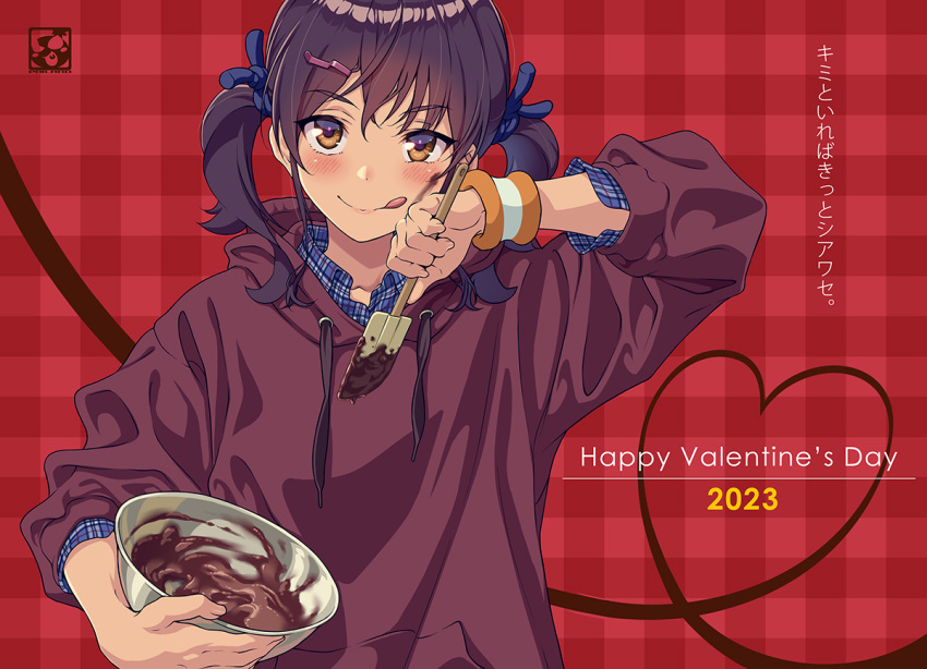 1girl 2023 :q bangs black_hair blue_shirt bowl brown_eyes chocolate closed_mouth collarbone collared_shirt commentary_request drawstring dress_shirt hair_between_eyes hair_ornament hairclip happy_valentine heart holding holding_bowl hood hood_down hoodie long_sleeves looking_at_viewer mixing_bowl original pairan plaid plaid_background plaid_shirt puffy_long_sleeves puffy_sleeves purple_hoodie red_background shirt smile solo spatula tongue tongue_out translation_request twintails valentine