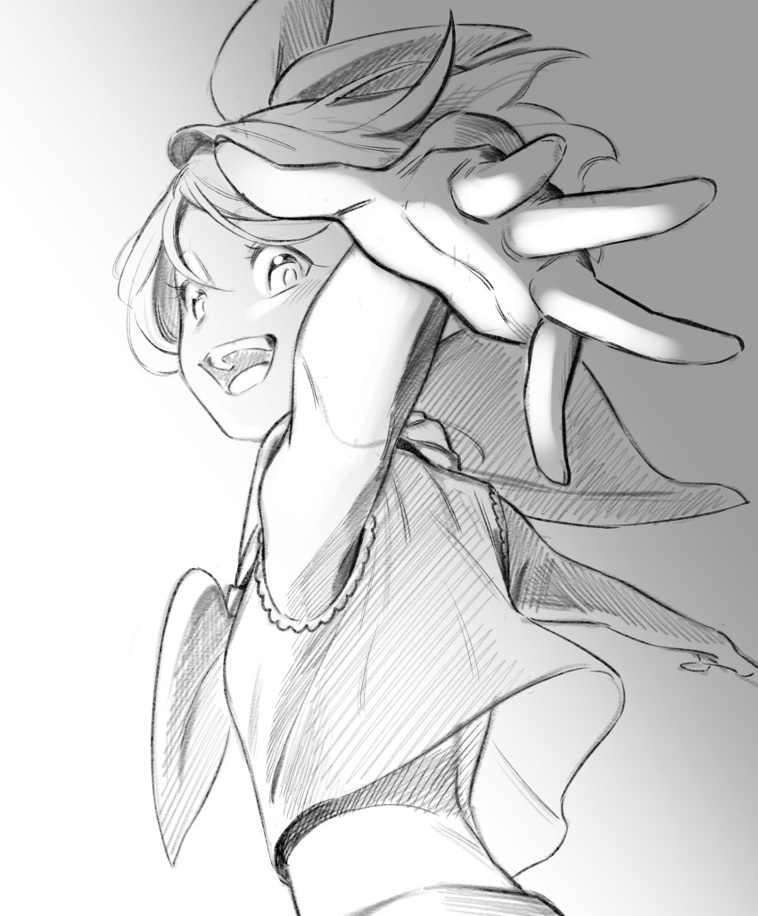 1girl arched_back back bangs bare_arms bare_shoulders bon_bon_eee bow breasts crop_top flat_chest foreshortening greyscale hair_bow highres kagamine_rin looking_at_viewer looking_back midriff monochrome narrow_waist neckerchief open_mouth outstretched_arms sailor_collar shirt short_hair sketch sleeveless sleeveless_shirt small_breasts smile solo swept_bangs turning_head upper_body vocaloid