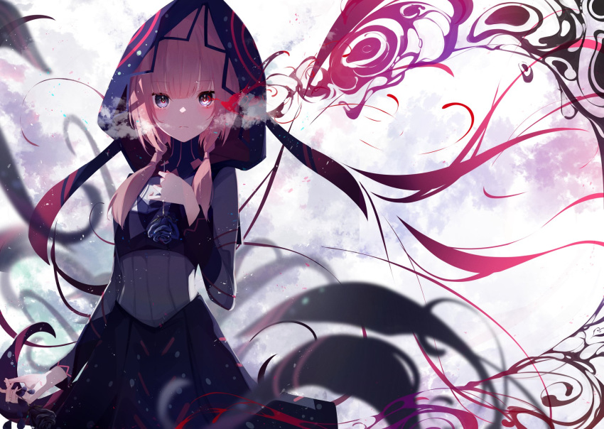 1girl bangs black_dress black_flower black_rose blue_eyes blunt_bangs blush braid breath cowboy_shot dress expressionless flower highres holding holding_flower hood hood_up hooded_dress kaf_(kamitsubaki_studio) kamitsubaki_studio long_hair looking_at_viewer low_twin_braids motoi_(croa76) multicolored_eyes pink_hair rose solo tagme twin_braids virtual_youtuber yellow_pupils