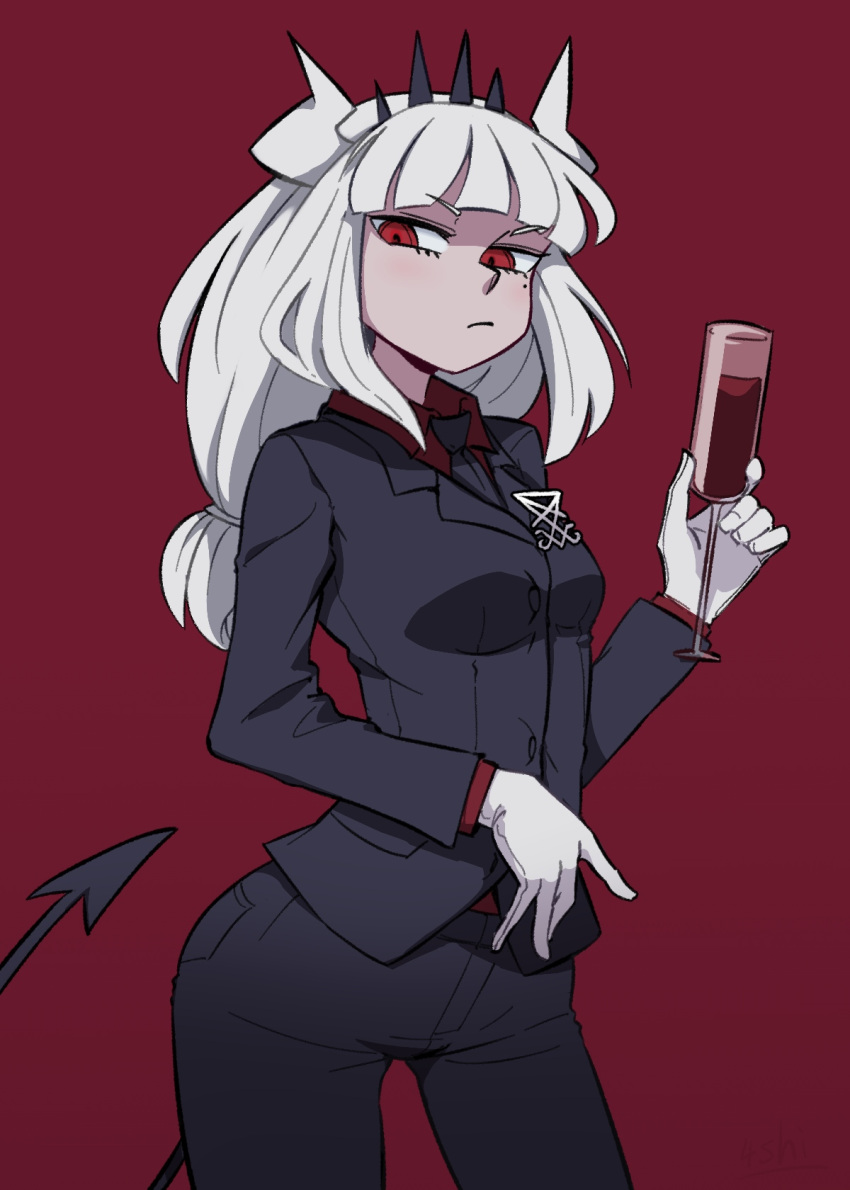 1girl 4shi alcohol black_necktie black_pants cup demon_tail drinking_glass formal gloves hairband helltaker highres holding holding_cup horns long_hair long_sleeves lucifer_(helltaker) necktie pants red_background red_eyes red_shirt shirt solo suit tail white_gloves white_hair wine wine_glass