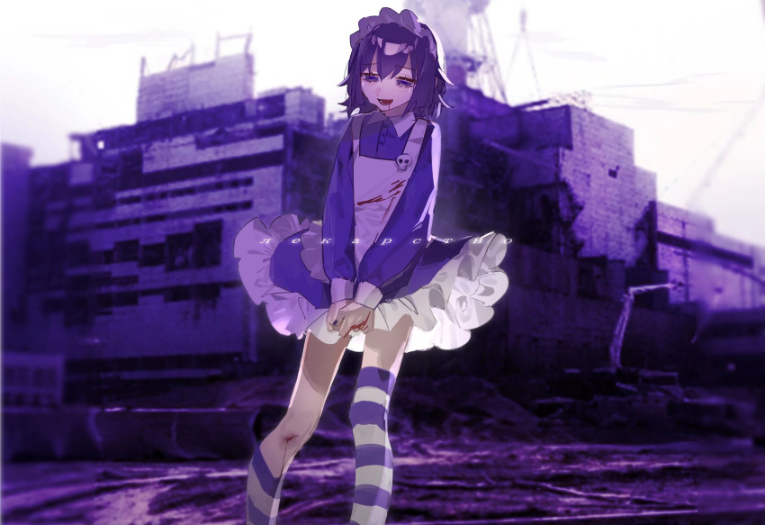 1girl apron asymmetrical_legwear bangs blurry blurry_background building city cityscape dress dutch_angle frilled_dress frills futaba_channel hair_between_eyes highres long_sleeves looking_at_viewer maid maid_apron maid_headdress nijiura_maids open_mouth outdoors oyakubukuro photo_background purple_dress russian_text short_hair skull_ornament smile solo standing striped thigh-highs v_arms violet_eyes yakui