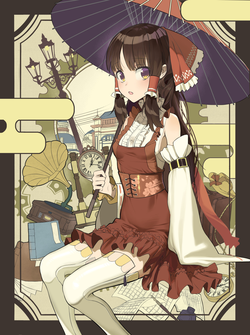 1girl :o absurdres adapted_costume arm_belt bangs bow brown_hair building center_frills clock commentary_request corset detached_sleeves dress feet_out_of_frame frilled_bow frilled_hair_tubes frills hair_tubes hakurei_reimu hat highres holding holding_umbrella lamppost long_hair looking_at_viewer notebook oil-paper_umbrella open_mouth paper phonograph pocket_watch red_bow red_corset red_dress roman_numeral sitting solo suitcase thigh-highs touhou umbrella undershirt violet_eyes watch white_sleeves white_thighhighs xinjinjumin