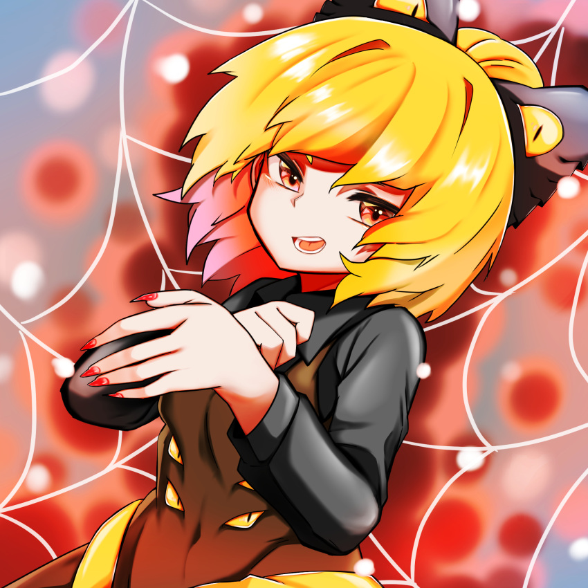 1girl bangs black_bow black_shirt blonde_hair blurry blurry_background blush bow breasts brown_dress brown_eyes collared_shirt commentary_request dress dutch_angle extra_eyes fingernails hair_bow hair_bun highres kurodani_yamame long_sleeves looking_at_viewer medium_hair open_mouth pinafore_dress red_nails rinyamame sharp_fingernails shirt silk small_breasts smile solo spider_web teeth touhou upper_body