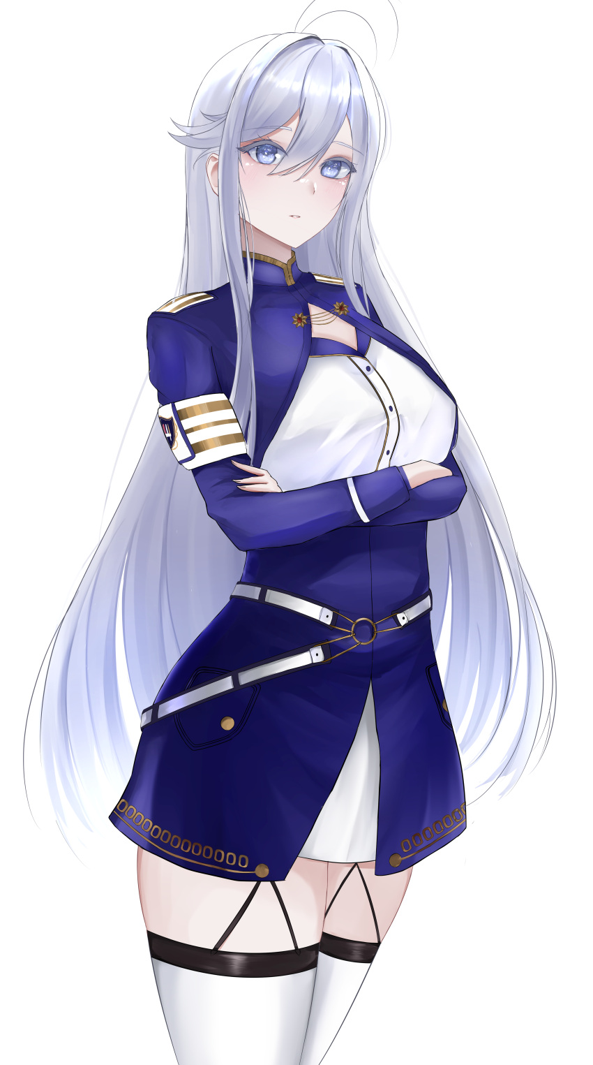 1girl 86_-eightysix- absurdres ahoge antenna_hair armband belt blue_dress breasts cowboy_shot crossed_arms dress grey_hair hair_between_eyes highres juna_(user_zhur2554) long_hair long_sleeves looking_at_viewer medium_breasts military military_uniform no_headwear o-ring_belt parted_lips simple_background solo thigh-highs thighs uniform very_long_hair vladilena_millize white_background white_belt white_hair white_thighhighs zettai_ryouiki