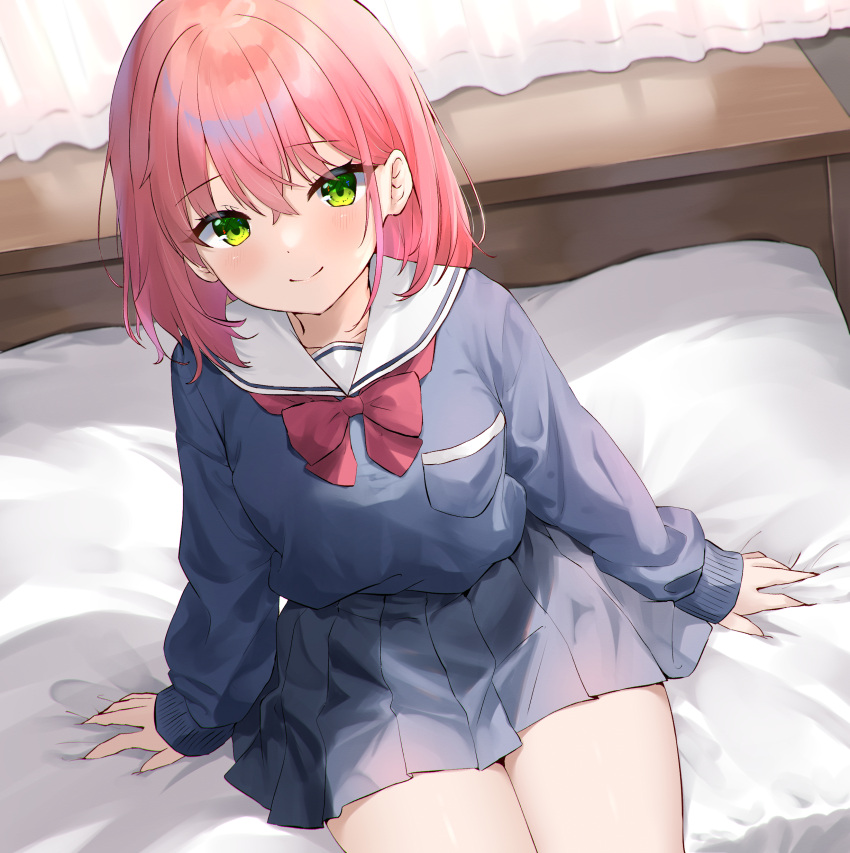 1girl absurdres bangs blush closed_mouth eyebrows_hidden_by_hair green_eyes highres hololive long_sleeves looking_at_viewer medium_hair myonchi neckerchief on_bed pink_hair pleated_skirt red_neckerchief sailor_collar sakura_miko school_uniform sitting skirt sleeves_past_wrists smile solo upper_body virtual_youtuber