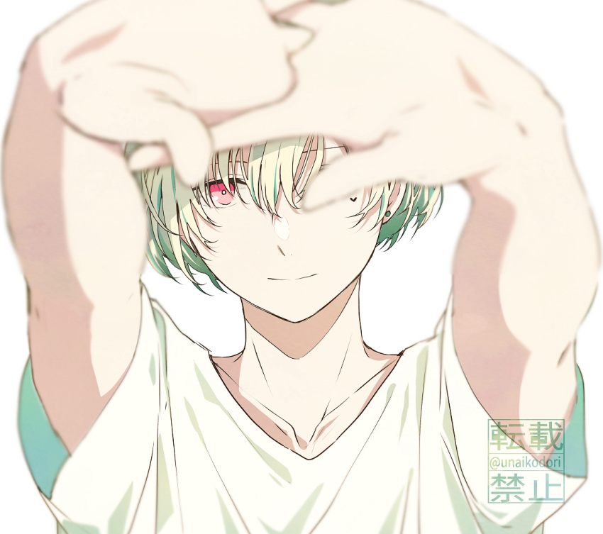 1boy closed_mouth earrings hanazono_momohito heart_on_cheek idolmaster idolmaster_side-m idolmaster_side-m_growing_stars jewelry kame_(unaikodori) light_green_hair looking_at_viewer male_focus outstretched_hand pink_eyes shirt short_hair short_sleeves signature smile solo stud_earrings twitter_username white_background white_shirt