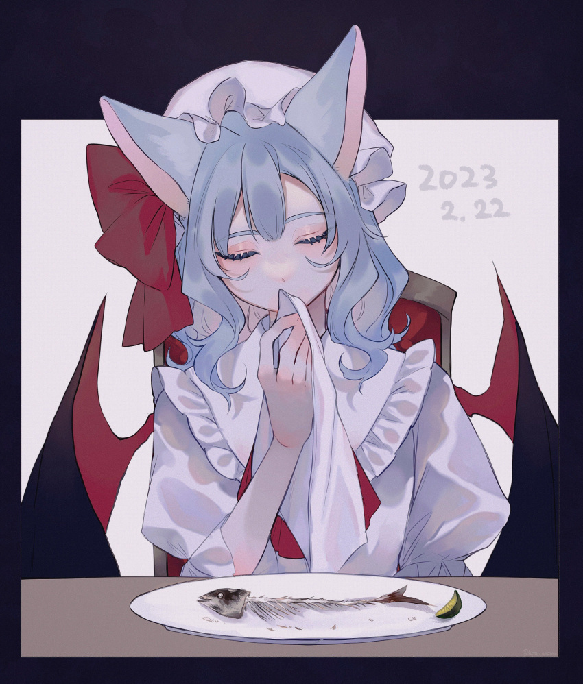 1girl absurdres animal_ears ascot bat_wings blue_hair bow cat_ears closed_eyes commentary covered_mouth dated facing_viewer fish_bone frilled_shirt_collar frills hat hat_bow highres holding katai_(nekoneko0720) kemonomimi_mode medium_hair mob_cap napkin puffy_short_sleeves puffy_sleeves red_ascot red_bow remilia_scarlet shirt short_sleeves solo touhou upper_body white_headwear white_shirt wings