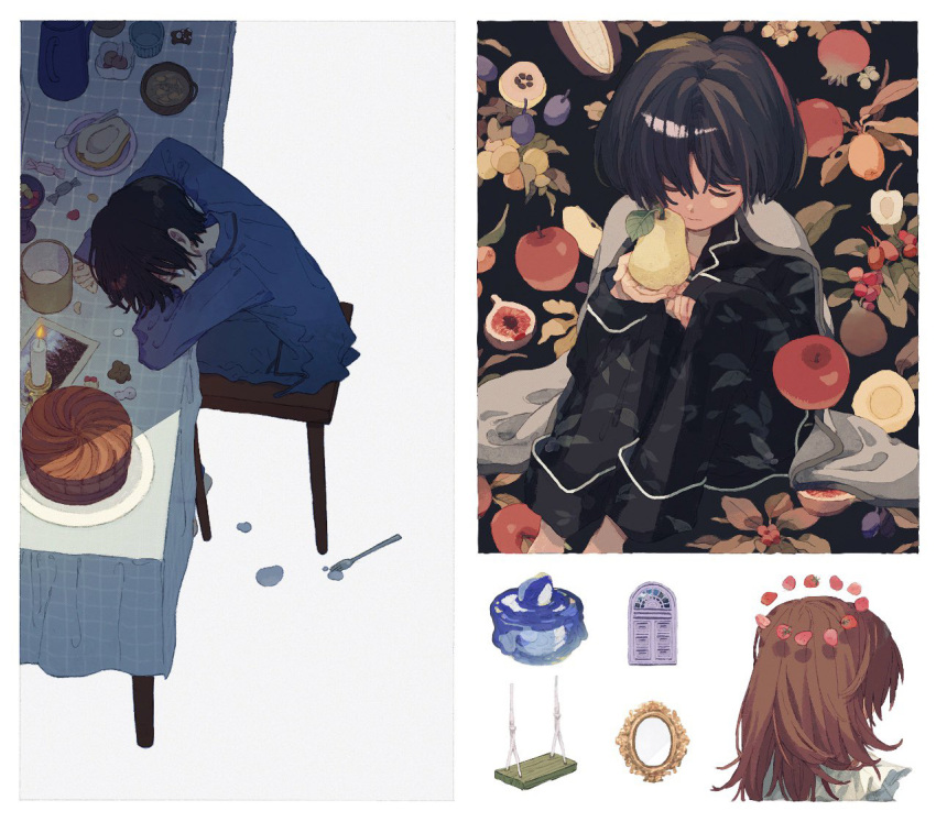 1boy 1girl 1other apple bangs black_background black_hair black_pants black_shirt blue_pants blue_shirt border brown_hair cake candle candy closed_eyes closed_mouth collage door empty_picture_frame facing_away fig food from_above from_behind fruit halo head_on_table head_rest holding holding_food holding_fruit ka_(marukogedago) leaf leaf_print long_hair long_sleeves on_stool original pants pear picture_frame plate plum print_pants print_shirt pumpkin shirt short_hair simple_background sitting spoon stool strawberry swing table tablecloth white_background white_border
