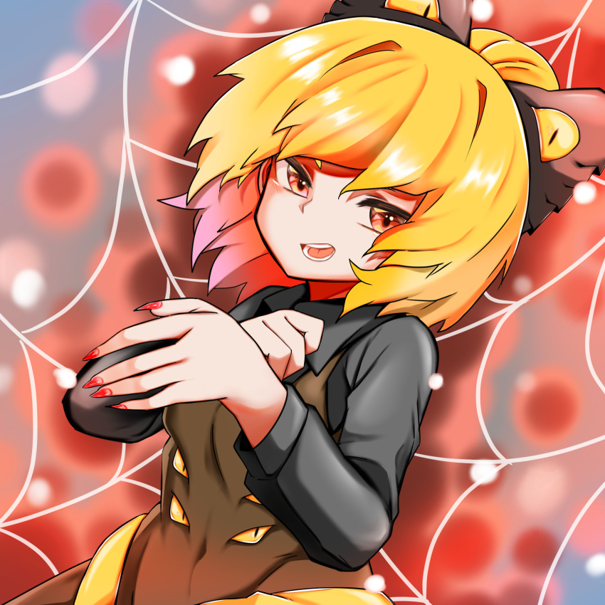 1girl bangs black_bow black_shirt blonde_hair blurry blurry_background blush bow breasts brown_dress brown_eyes collared_shirt commentary_request dress dutch_angle extra_eyes fingernails hair_bow hair_bun highres kurodani_yamame long_sleeves looking_at_viewer medium_hair open_mouth pinafore_dress red_nails rinyamame sharp_fingernails shirt silk small_breasts smile solo spider_web teeth touhou upper_body